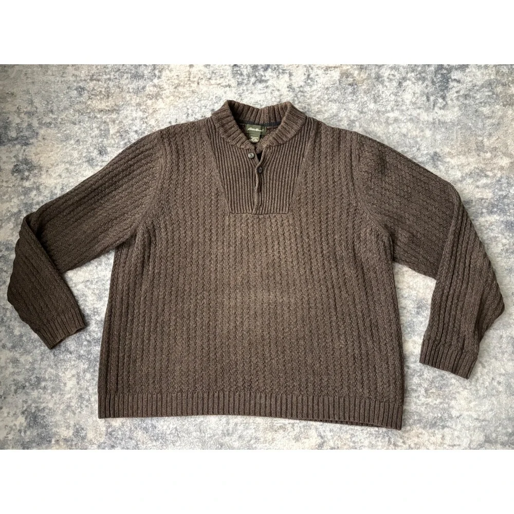 Vtg Eddie Bauer Fisherman Henley Sweater‎ Mens L Brown Chunky Cable Knit Cotton